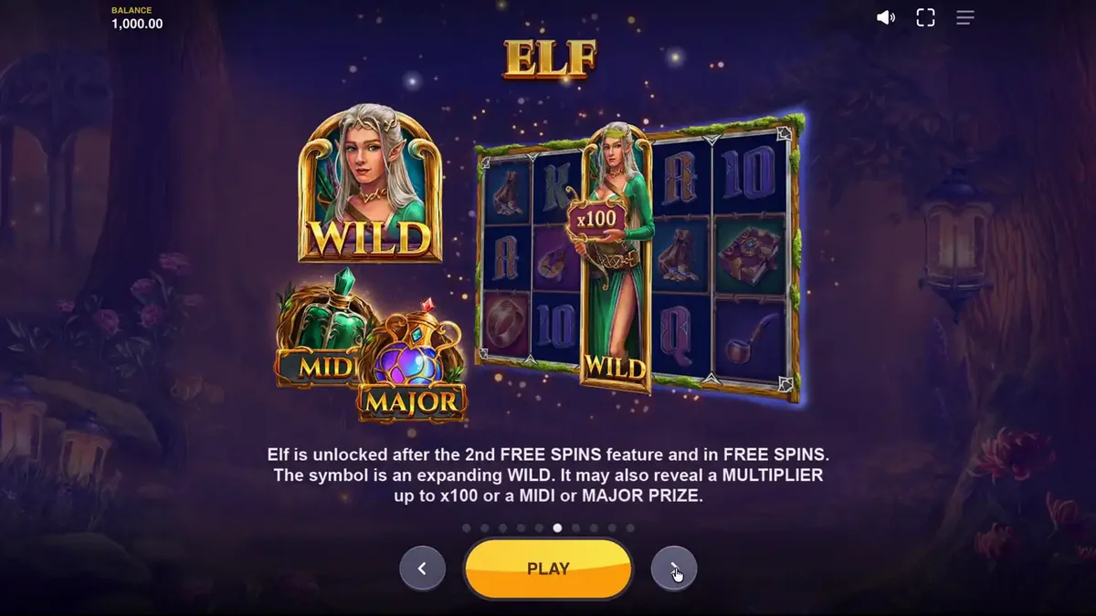Pemandangan hutan fantasi mistis dalam slot Land of Riches