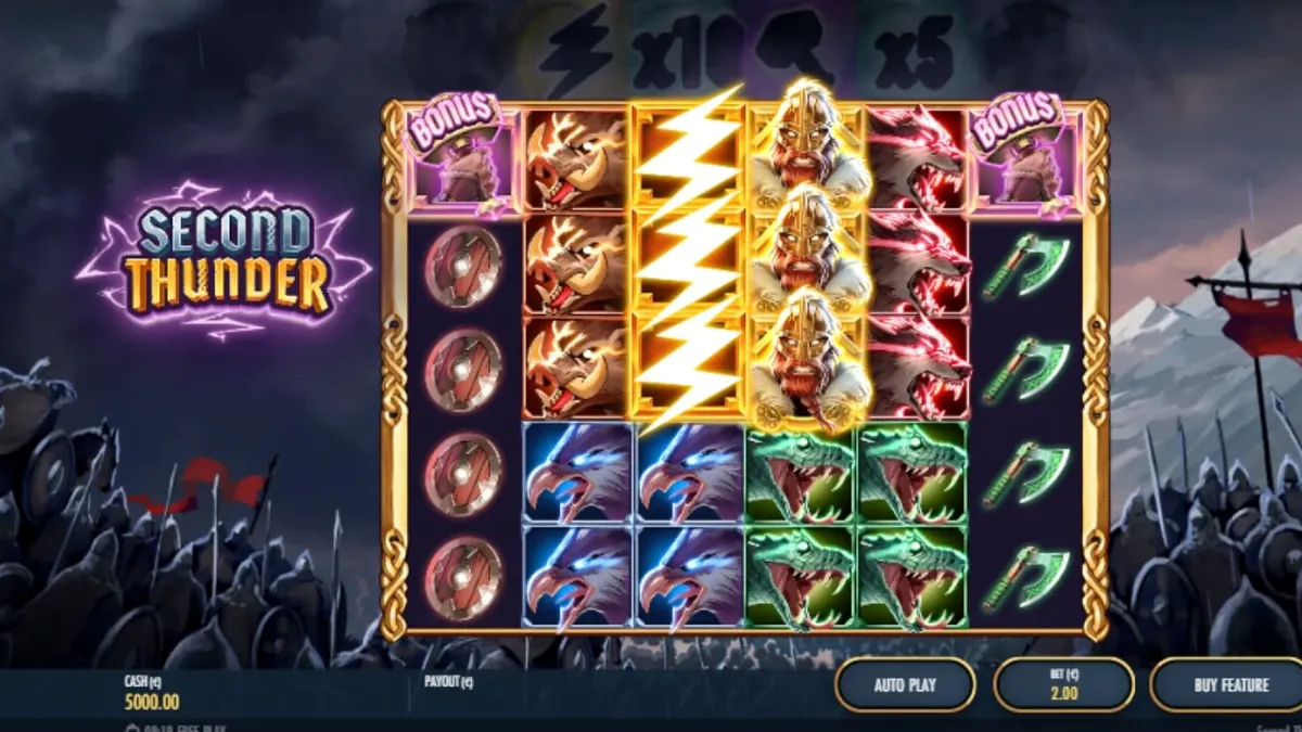 Pemandangan atmosferik dari slot Second Thunder dengan latar belakang pegunungan bersalju dan prajurit.