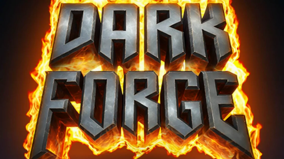 Tampilan visual slot Dark Forge dengan tema bengkel iblis dan elemen api